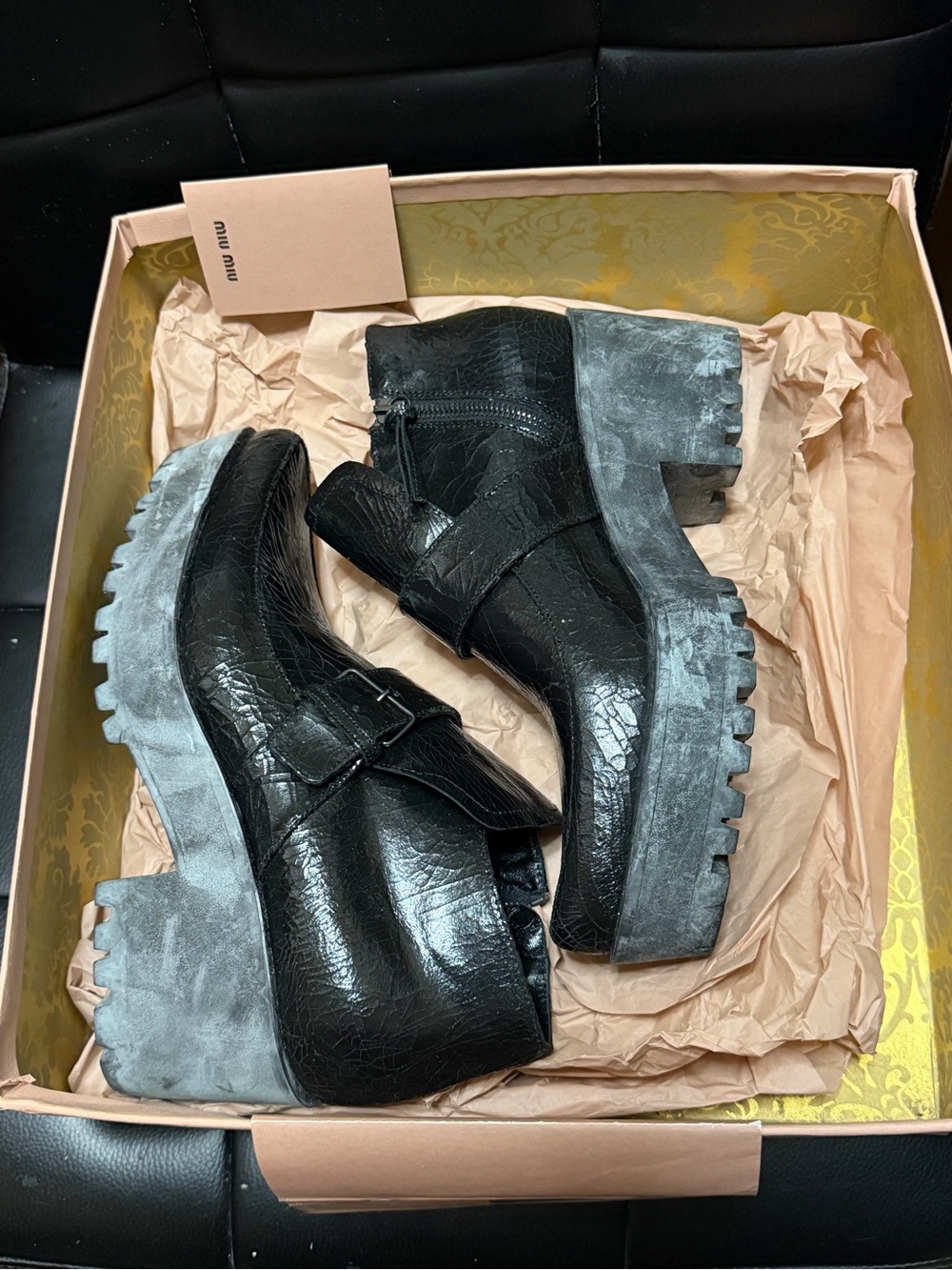 Brand New Miu Miu Black Leather Chunky Platform Ankle Boots with Gray Sole 37.5